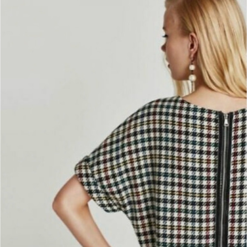 Zara Trafaluc Collection Colorful Houndstooth Dress, full zip back, fringe